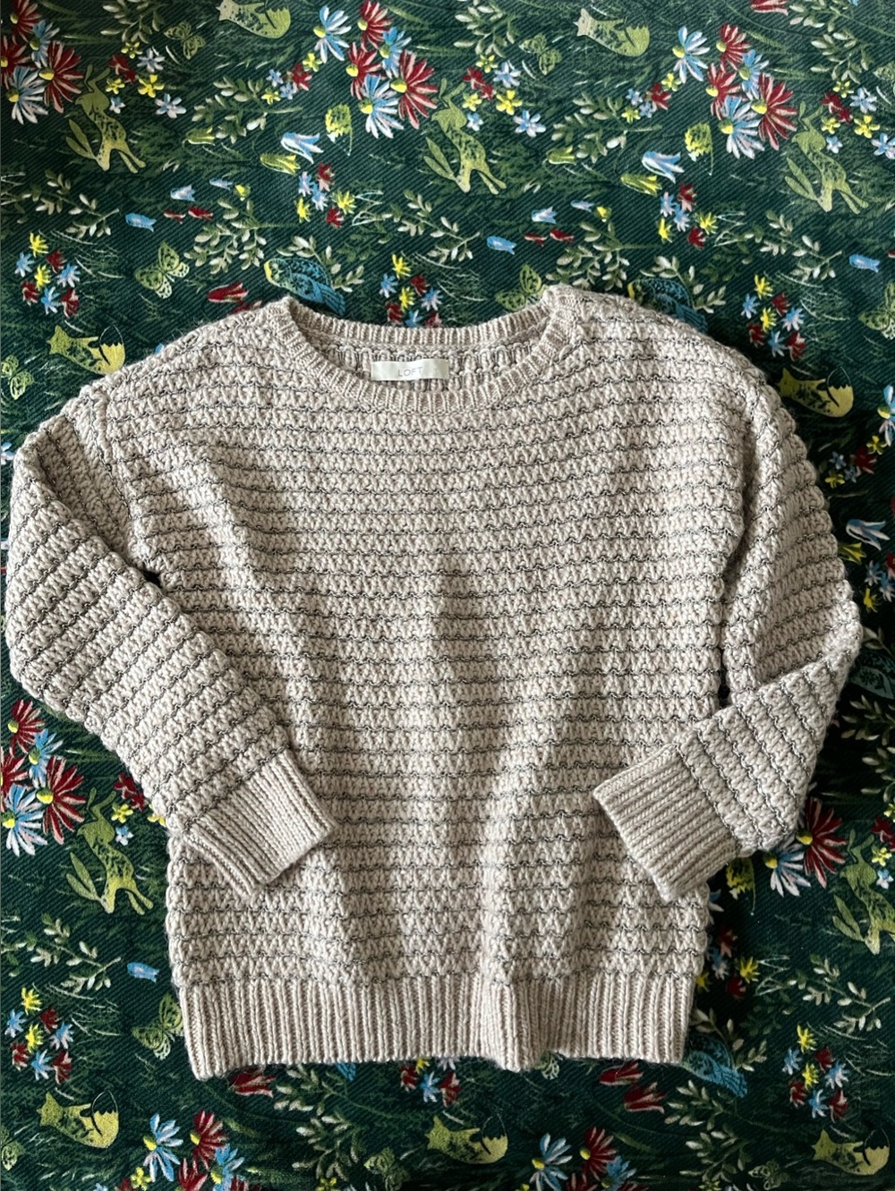 LOFT Cream Silver Textured knit Crewneck Sweater